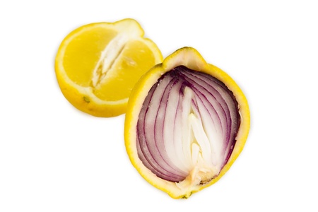 Onion inside lemon peelの写真素材