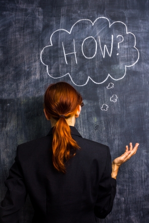 Redhead businesswoman at blackboard asking howの写真素材
