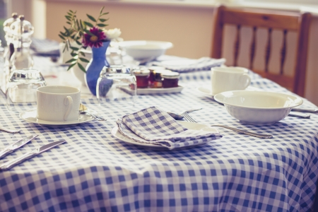 Breakfast table with checkered tablecloth on a sunny morningの写真素材