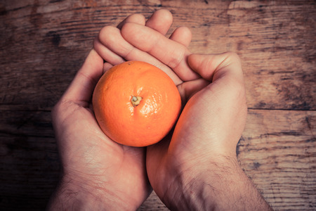 Hands holding a small orange at a tableの写真素材