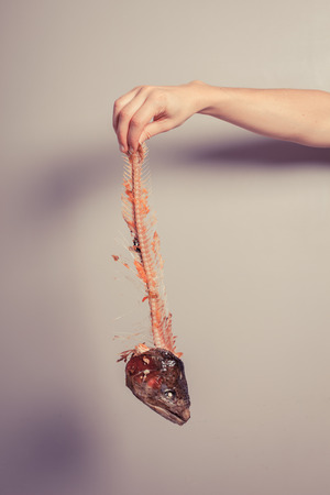 A hand is holding a fish skeletonの写真素材