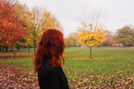 A young woman is standing by a tree in the park in autumnの写真素材
