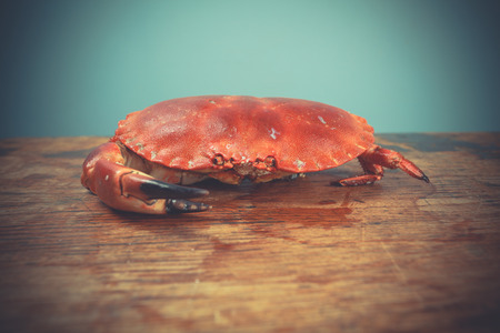 A red crab on a wooden surfaceの写真素材