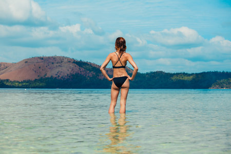 A young woman in a swimsuit is standing in the water by a tropical beach and is looking at an island
