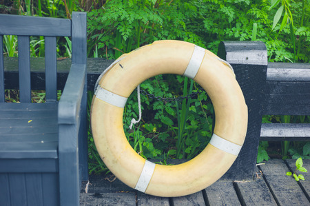 A life buoy by a pond in a forestの写真素材