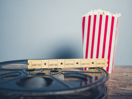 Cinema concept of old film reel with popcorn and movie tickets on a wooden surface