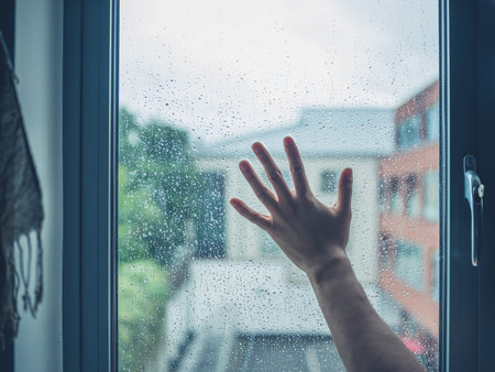 A youg man's hand is wiping the dew from a window
