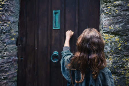 A young woman is knocking on an old wooden doorの写真素材