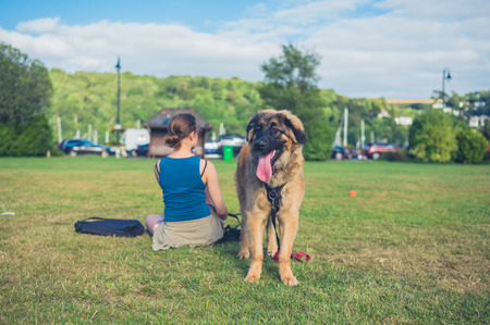 A young woman is resting in the park with her big Leonberger puppyの写真素材