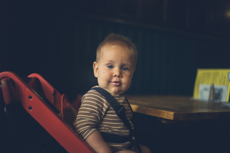 A little baby is sitting on a booster chair at a table in a cafeの写真素材