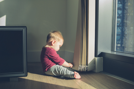 A little baby is sitting by the window in a high rise apartmentの写真素材