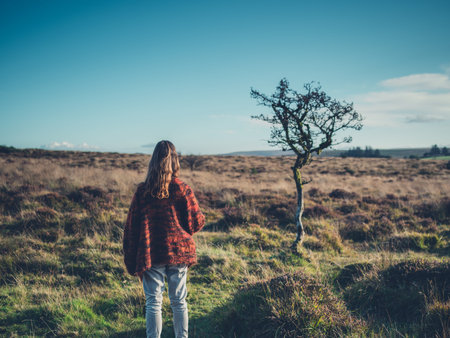 A young woman is standing by a tree in a desolate wildernessの写真素材