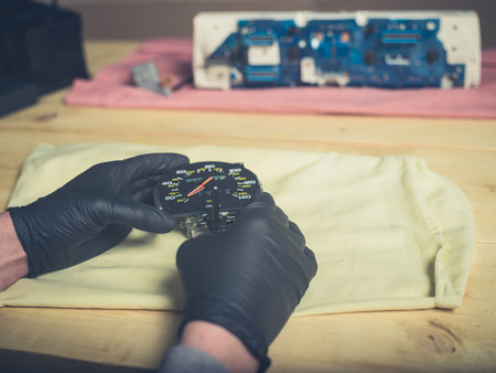 The gloved hands of a man holding a speedometer and odometer at a tableの写真素材