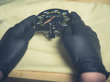 The gloved hands of a man holding a speedometer and odometer at a table