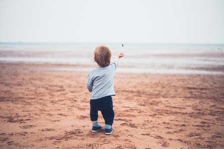 A toddler boy is throwing rocks on the beachの写真素材