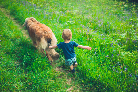 A cute little boy is running in a meadow with a big dogの写真素材
