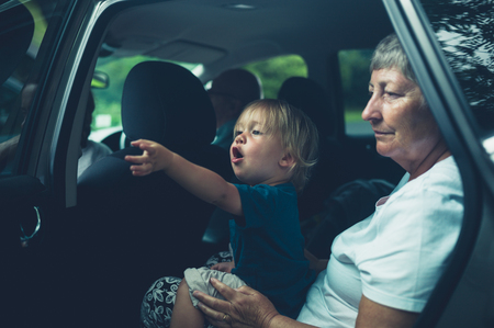 A little toddler is sitting in a car on his grandmother's lapの写真素材
