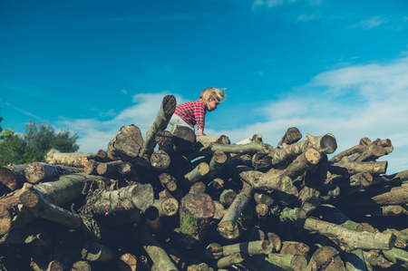 A little toddler is climbing on some logs in the forestの写真素材