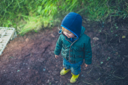 A little toddler is standing outside in the garden on an autumn dayの写真素材