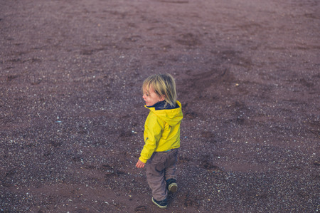 A little toddler is walking on the beach in winterの写真素材