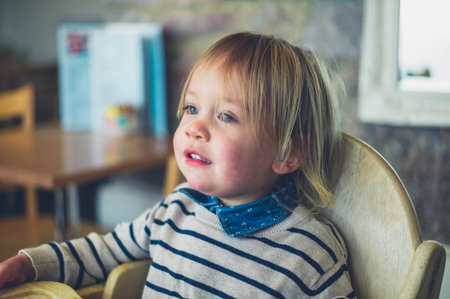 A little toddler is sitting at a table in a cafe