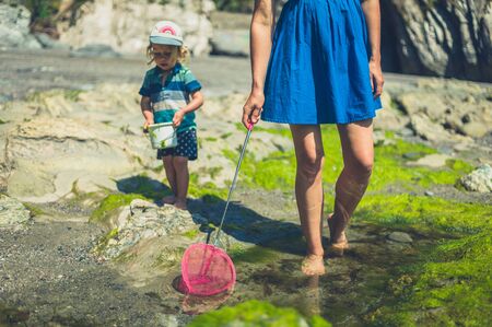 A young mother and her toddler are walking on the beach with a netの写真素材