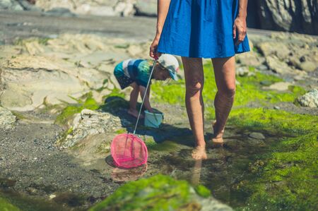 A young mother and her toddler are walking on the beach with a netの写真素材
