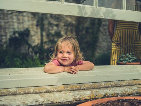 A little toddler is looking out the window from a conservatory in the summerの写真素材