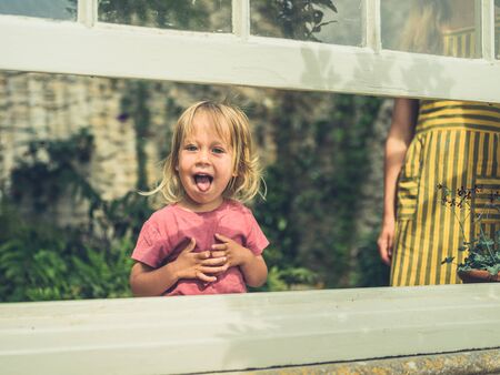 A little toddler is looking out the window from a conservatory in the summerの写真素材