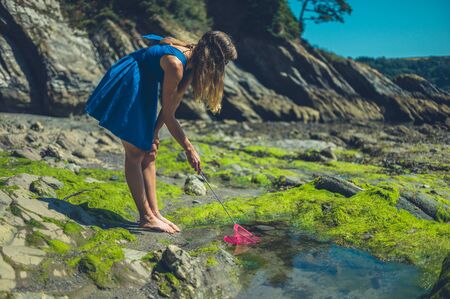A young woman is on the beach with a fishing net in summerの写真素材