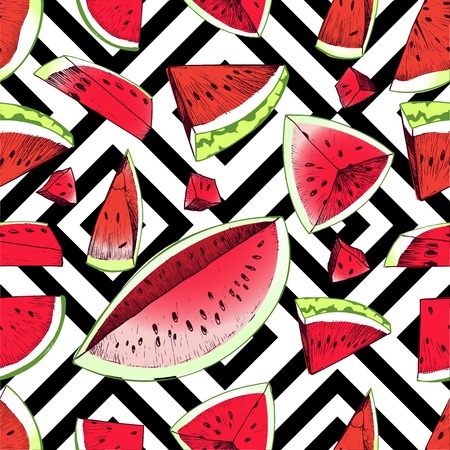 seamless pattern of watermelon slices isolate on black and white square geometric texture. Hand drawn summer color illustration. Vibrant red and green.のイラスト素材
