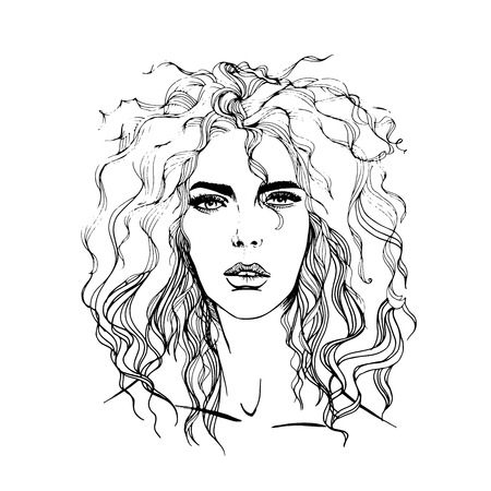 fashion girl portrait. Female face with curly hair. Hand drawn engraved fashion girl portrait illustration.のイラスト素材