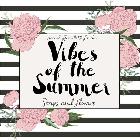 summer sale. Vibes of the summer strips and flowers. Decorated with square text template. Use for banner, business promotion, commerce, shop, fashion, design store.のイラスト素材
