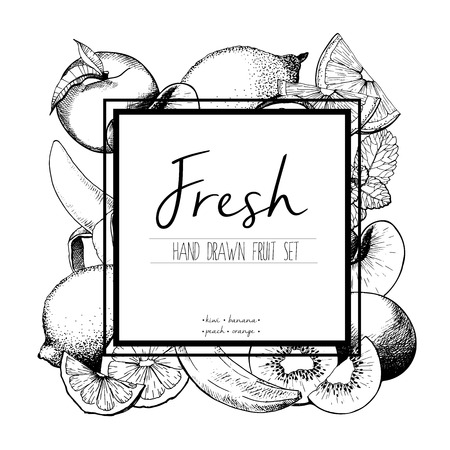 Vector border engraved illustration of fresh fruits. Banana, kiwi, peach, lemon, orange, lime. Hand drawn set of vegetarian tasty organic food.のイラスト素材