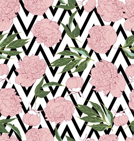 Beautiful seamless vector floral tropical pattern background with peony blossom. Abstract angled strip geometric texture. Use for wallpaper, wrapping, invitation, party, beach, clothe, fashionのイラスト素材
