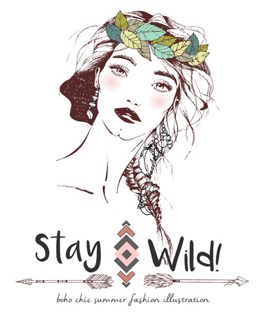 Vector fashion boho chic girl portrait with flower wreath. Stay wild tribal bohemian decorated with geometry, lettering quote and arrows illustration.のイラスト素材
