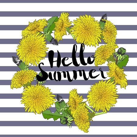 Vector hand drawn illustration with dandelion wreath isolated on sailor strip background. Heloo summer. Field flower color summer vintage illustration.のイラスト素材