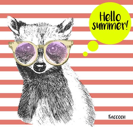 Vector close up portrait of raccoon wearing the sunglassess. Bright hello summer racoon portrait. Hand drawn wild mammal animal  illustration. Isolated on background with peach echo strips.のイラスト素材