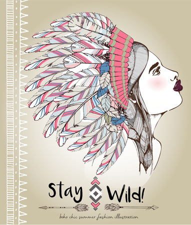 fashion illustration of bohemian woman with headpiece of feathers. Decorated with traditional boho geometry and arrows. Trendy pastel colors. Stay Wild.のイラスト素材