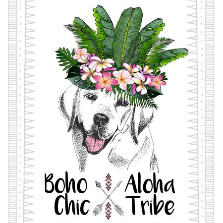 close up portrait of labrador retriever, wearing the exotic flower crown. Hand drawn domestic dog illustration. Tropical Hawaiian boho chic decoration, with palm leaves and flowers. Aloha tribeのイラスト素材