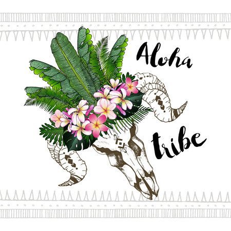 fashion boho chick style goat skull with flower, palm crown. Aloha tribe. Exotic flowers and palm leaves in Hawaiian style. Hand drawn.のイラスト素材