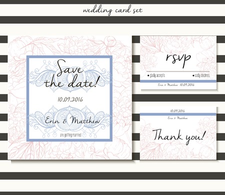 Vector wedding card set in tender style.  Decorated with peony bouquet and lace. Includes save the date, rsvp and thank you cards templates.のイラスト素材