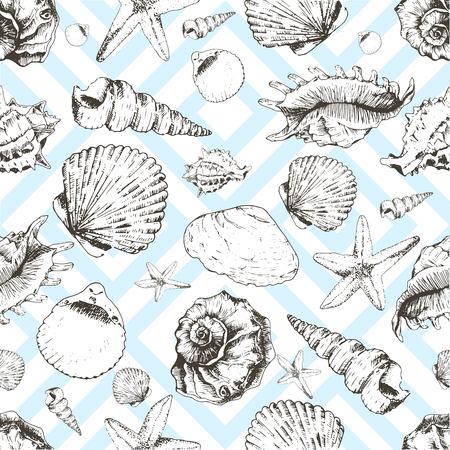 Vector seamless pattern of seashels. Hand drawn vintage engraved illustration of ocean underwater animals. Isolated on light blue geometric trendy background.のイラスト素材