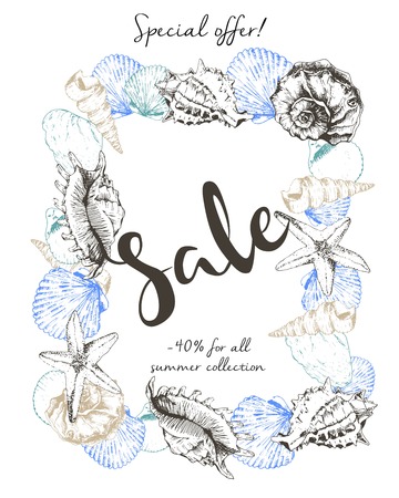 Vector flyer of summer sale. Decorated with seashells and lettering caligraphy. Hand drawn vintage art. Good for anoucne discount at business fashion store.のイラスト素材