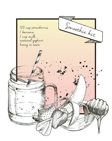 Vector hand drawn illustration of strawberry smoothie recipe. Engraved set of fruits and vegetables for detox and weight loss. With jar and cocktail tube.のイラスト素材