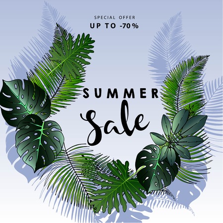 Vector flyer of summer sale. Decorated with trendy exotic plants. Hand drawn art. Good for announce discount at business fashion store.のイラスト素材