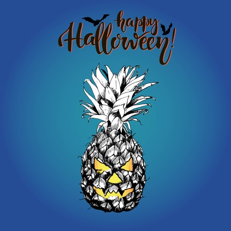 Vector greeting card for Halloween. Pineaple with scary smilling  face. Jack-O-Lantern. Vintage hand drawn illustration. Decorated with bats and lettering.のイラスト素材