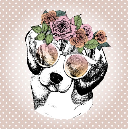Vecotr portrait of dog, wearing the floral wreath and sunglasses. Hand drawn vintage trendy illustration. Beagle breed. Isolated on polka dot and rose gold background.のイラスト素材