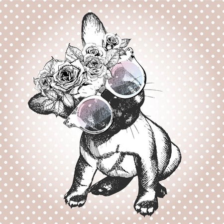 Vecotr portrait of dog, wearing the floral wreath and sunglasses. Hand drawn vintage trendy illustration. French bulldog breed. Isolated on polka dot and rose gold background.のイラスト素材