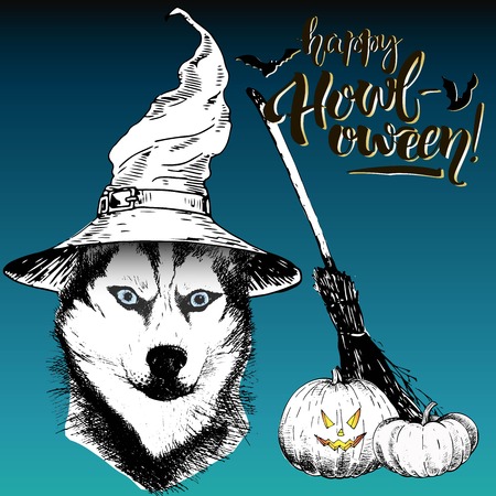 Vector greeting card for Halloween. Siberian husky dog wearing the witch hat. Broom and pumpkin lanterns. Decorated with lettering Happy Howl-oween and bats. Hand drawn.のイラスト素材